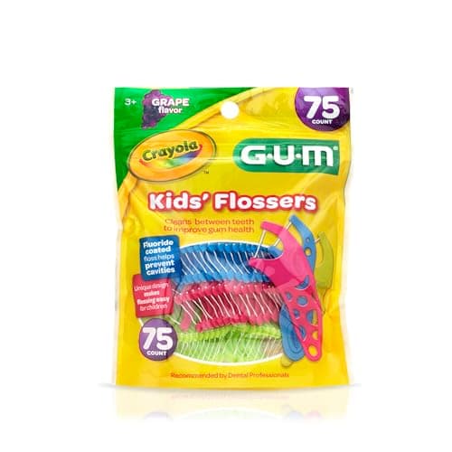 GUM Crayola Kids' Fluoride Coated Flosser Picks, Helps to Prevent Cavities Between Teeth, Grape Flavoured, Colours: Blue, Green, Pink, 75 Flossers (1 Bag) — view 10