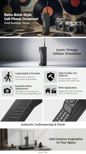 Haofy Brick Cell Phone Ornament, Vintage Cellphone, Retro Old Fashioned Cell Phone Model, Iron Vivid Brick Mobile Phone Model Photography Props for Home Living Room Decor Desktop Decoration(Black) — view 3