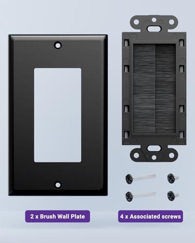 VCE Single Brush Wall Plate, Cable Pass Through Insert for Wires, Single Gang Cable Access Strap, Wall Socket for HDTV, Home Theater Systems - Black (2-Pack) — view 5