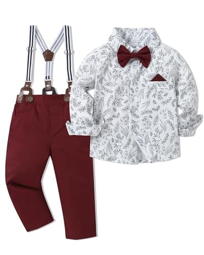 SOLOYEE Toddler Baby Boy Clothes Suit 18-24 Months Boys Wedding Formal Outfit, Dress Shirt+Bowtie+Suspender Pants Gentleman Outfits (Red, 18-24 Months)