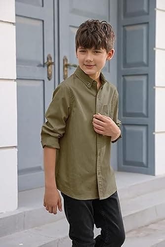 Haloumoning Boys' Long Sleeve Dress Shirts Classic Collared Button-Down Tshirt Solid Cotton Top with Chest Pocket, Army Green, 13-14 Years — view 2