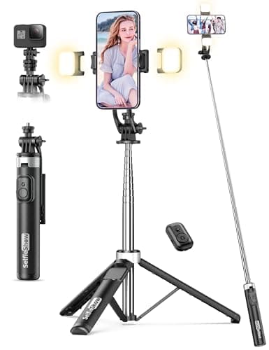 Selfie Stick with 2 Fill Light, 53'' Tripod for Cell Phone with Wireless Remote, 360° Rotating Portable Phone Tripod with Detachable Clip, Travel Phone Holder Compatible with iPhone/Samsung/GoPro