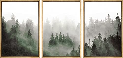 SIGNFORD Misty Forest Framed Wall Art, Green Nature Wall Art, Foggy Pine Landscape Wall Art - 16"x24" x3 Panels