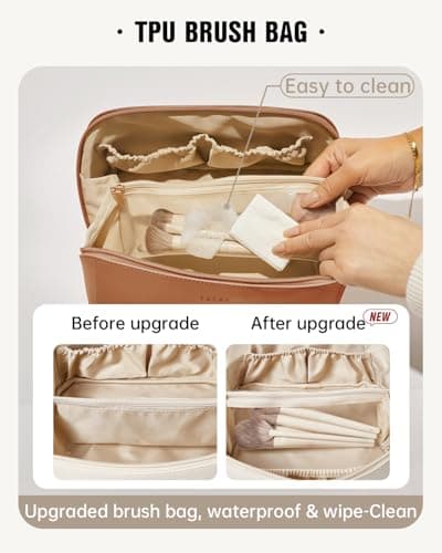 EACHY Travel Makeup Bag,Large Capacity Cosmetic Bags for Women,Waterproof Portable Pouch Open Flat Toiletry Bag Make up Bag with Divider and Handle, Gifts for Women (Brown, Medium) — view 2