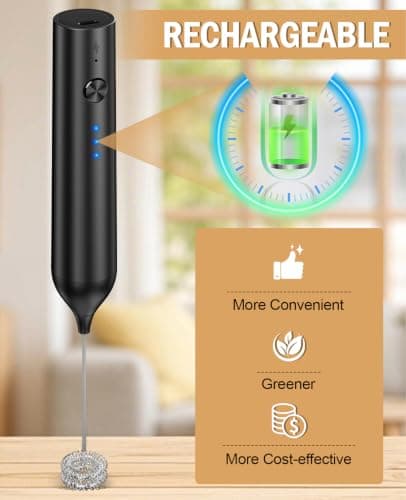 Rechargeable Milk Frother Handheld, Electric Whisk with 3 Speeds, Hand Drink Mixer with 2 Heads, Portable Coffee Frother Wand Handheld for Coffee, Lattes, Cappuccino, Eggs (Black)