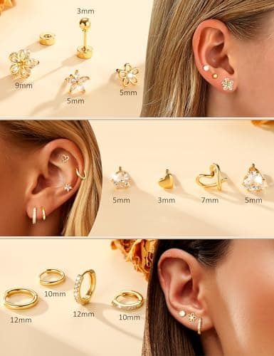 Hypoallergenic Gold Stud Earrings for Women - 14k Gold Plated Surgical Stainless Steel Flat back Earrings Set Small Huggie Hoop Flatback Earring for Sensitive Ears Screw Back Cartilage Piercing Jewelry — view 5