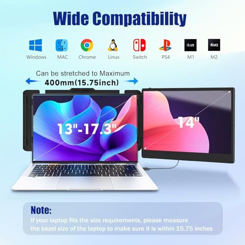 KEFEYA Laptop Screen Extender, 14" FHD 1080P IPS Laptop Monitor Extender Dual Screen, Portable Monitor for Laptops 13-17" with USB-C/HDMI Port, Plug n Play for Windows/Mac/Android/Switch/PS5