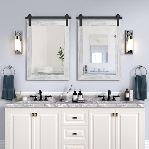 COGOOD Farmhouse Bathroom Mirror - 30 x 21 Rustic Wood Framed Wall Barn Door Mirror for Entryway, Living Room, Entryway Wall Decor (White) — view 2