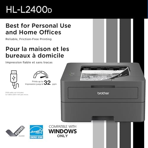 Brother HL-L2400D Compact Monochrome Laser Printer with Duplex Printing, USB connectivity (Cable Sold Separately), Black & White Output