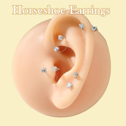 Longita Horseshoe Nose Ring for Women Double Gem Horse Shoe Nose Ring Hoop 18g Surgical Steel Silver Cartilage Helix Tragus Earring Hoops Labret Lip Piercing Jewelry Small Septum Rings 18 gauge 4pcs — view 3