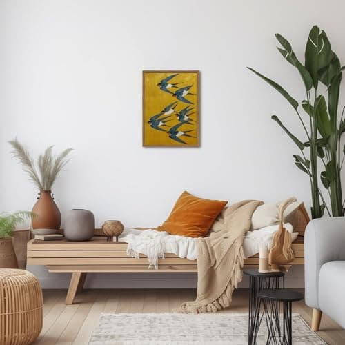 Vintage Japanese Bird Wall Art, Japan Swallow Wall Decor Painting Cottage Animal Poster Canvas Prints Picture for Bedroom Living Room Farmhouse 12x16 inch Wood Framed