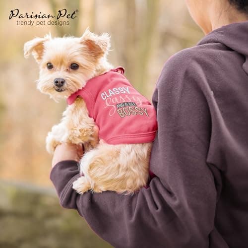 Parisian Pet Dog T-Shirt with Embroidered 'Classy, Sassy and Bit Bossy' Words - 100% Cotton, Pink Dog Shirt - Cute Pet Vest - Machine Washable Dog Clothes for Medium-Sized Dogs - M — view 5