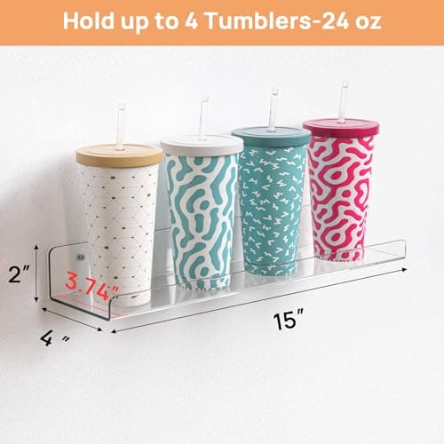 upsimples Clear Acrylic Shelves for Storage, 15" Floating Shelves Wall Mounted for Kids Bookshelf/Display Ledge for Bedroom, Living Room, Bathroom, Kitchen, Set of 4