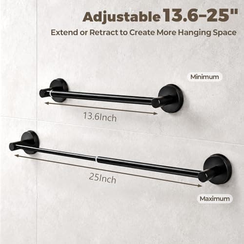 Adjustable Suction Cup Towel Bar – Towel Racks for Bathroom, 13.6-25 Inch, Stainless Steel Bathroom Towel Holder with 4 S Hooks, No Drill for Kitchen, Shower & Smooth Surfaces – Black — view 2