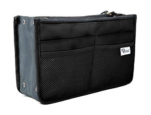 Periea Chelsy Handbag Organizer Insert 13 Pocket Purse Organiser with 2 Zipped Compartments Washable Reinforced Handles Structured Padding S M L (Black, Medium)