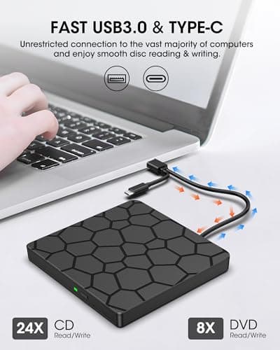 ROOFULL External CD DVD Drive for Laptop, USB 3.0 & USB-C Portable CD/DVD-RW Disc Drive Reader Burner Writer Player for Windows 11/10/8/7 Laptop Mac MacBook Linux PC, RF868 — view 2