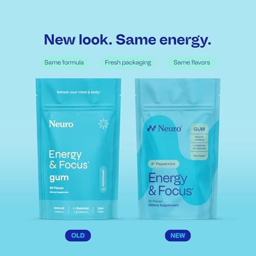 Neuro Energy & Focus Gum - Caffeine Gum with 40mg Natural Caffeine & L-Theanine - Nootropic Energy Supplement with B Vitamins - Sugar Free, Vegan - Peppermint, 90ct