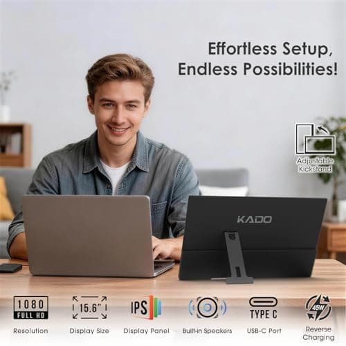 Kado Portable Monitor 15.6-inch FHD 1080p Rotating Stand IPS Display