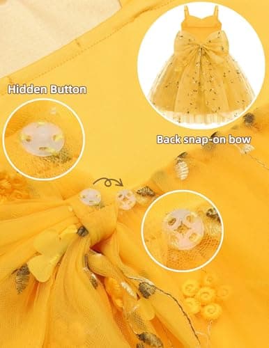 Arshiner Toddler Girls Tulle Dress Bowknot Tutu Birthday Princess Embroidery Yellow Floral Dresses Formal Photoshoot Outfit Summer Clothes 5-6Years — view 5