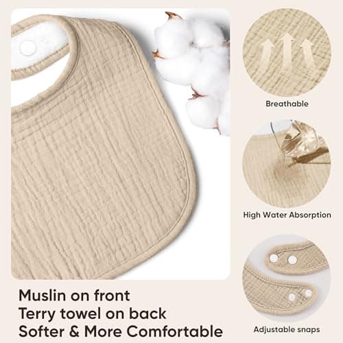 Bearmoss Muslin Baby Bibs 8 Pack 100% Cotton Baby Bandana Drool Bibs for Unisex Baby Girls Boys Toddlers Drooling and Teething (Coconut Mocha)