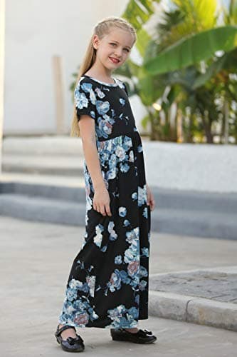 GORLYA Girl's Short Sleeve Floral Print Loose Casual Holiday Long Maxi Dress with Pockets (14Years/Height:160cm, Blue Print) — view 2