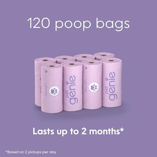 Pet Genie On The Go Dog Poop Bags - Lavender Scented Poo Bags with 65% Recycled Plastic - Durable & Leak-Proof Dog Supplies, 8 Rolls (120 Count)