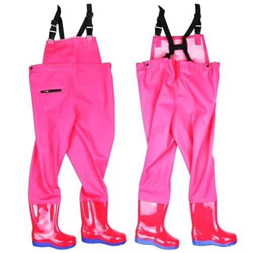 VicBre Kids Chest Waders with Non-Slip Boots, Attached System with Waterproof Trousers, Waders for Boys and Girls, Pink, 4 Little Kid