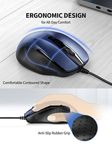 TECKNET USB Wired Mouse, 6-Button Corded Computer Mouse with 4 Adjustable DPI, Optical Computer Mice with Ergonomic Design and 5FT Cord for Laptop, Chromebook, PC, Desktop, Mac, Notebook-Blue — view 2