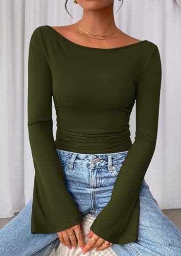 PRETTYGARDEN Womens Long Sleeve Shirts 2026 Spring Crop Going Out Tops Casual Boat Neck Bell Sleeve Ribbed Ruched Y2K Clothes (Army Green,X-Small) — view 4