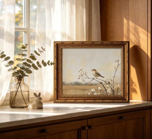 Vintage Gold Framed Bird Wall Art Spring Songbird on Floral Branch Painting Canvas Rustic Nature Woodland Picture Wall Decor Muted Farmhouse Print Artwork For Living Room Bedroom Entryway — view 2