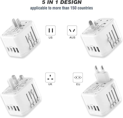 VYLEE Universal International Power Travel Plug Adapter, 5 in 1 European Travel Plug Adapter W/ 3.5A 2xUSB-A and 2xUSB C Wall Charger and Worldwide AC Outlet for Europe USA UK AUS Asia (White) — view 2