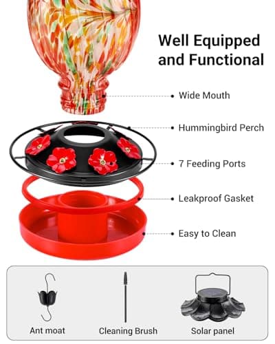 HouseSapp Solar Hummingbird Feeder - 49 fl.oz Hand Blown Glass Color Changing - 7 Feeding Ports with Perch - Never Leak - Perfect Hummingbird Feeder for Outdoors Hanging (Red) — view 2
