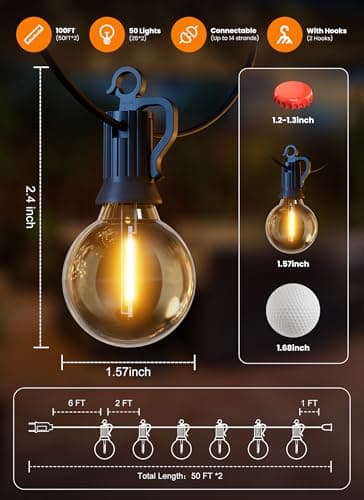 SmartDawn 100FT 52 LED Bulbs Outdoor String Lights, G40 Shatterproof String Lights, IP65 Waterproof Connectable Outside Patio Light for Backyard Porch Balcony Garden Decor Christmas Camping Gazebo — view 5