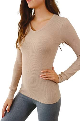 Pure Look Women's Long Sleeve Waffle Knit Stretch Cotton Thermal Underwear Shirt, V-neck Beige, 1X