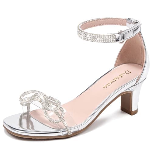 Dufannie Girls Heels Sandals Kids Dress Shoes Silver High Heels for Girls Rhinestone Sandals Formal Kids Sparkle Shoes Size 4 Fancy Tween Pumps Wedding Pageant Dance Party Church Easter(D18Silver 4)
