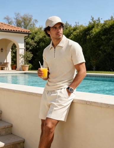 UOUA Men's 2 Piece Summer Polo & Shorts Set Quarter Zip Track Suit for Golf Lounging Casual Outfits Beige M
