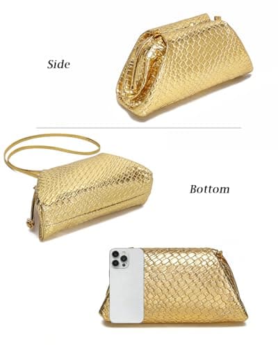 SUANNI Gold Woven Vegan Leather Evening Bag, Dumpling Clutch Purse for Women, Shoulder Crossbody Bags with Adjustable & Detachable Strap, Clasp Closure Handbag for Party Wedding Weekends — view 5