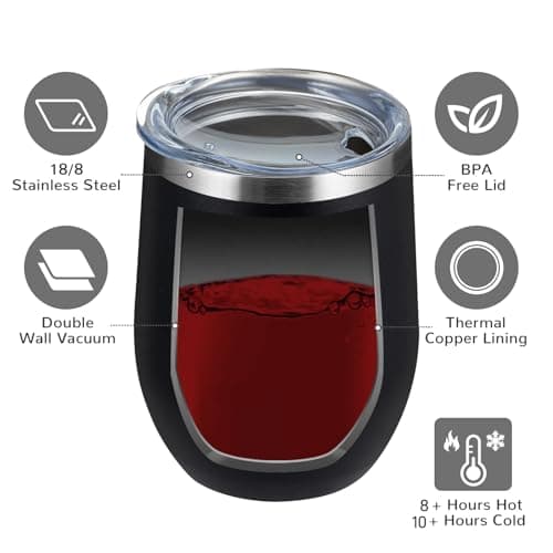 MEWAY 12oz Wine Tumbler 16 Pack Bulk Gifts for Women,Double Wall Vacuum Stainless Steel Travel Mug with Lid,Insulated Stemless Wine Cup Glass for Coffee,Cocktails,Drinks(Black,73 Piece Set) — view 4