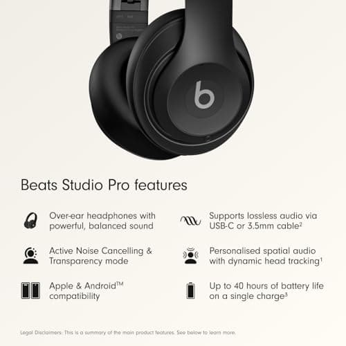Beats Studio Pro Premium Wireless Over-Ear Headphones- Up to 40-Hour Battery Life, Active Noise Cancelling, Great for Travel & Commuting, USB-C Lossless Audio, Apple & Android Compatible -Black