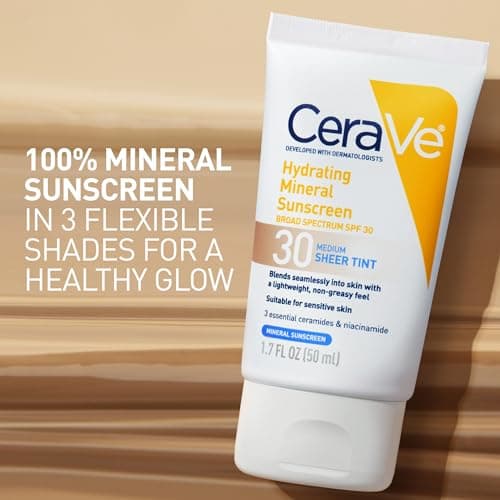 CeraVe Hydrating Mineral Sunscreen SPF 30 with Sheer Tint, Tinted Mineral Sunscreen with Zinc Oxide & Titanium Dioxide, Blends Seamlessly For Healthy Glow, Medium, 1.7 Fluid Ounce — view 2
