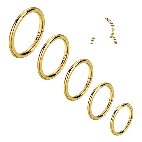5pcs Hypoallergenic Nose Rings 20G 18G 16G 316L Surgical Steel Earrings Tragus Septum Piercing Nose Hoop Lip Rings Helix Cartilage Rook Earrings for Women Men 6/7/8/9/10mm (5PCS 20G Gold)