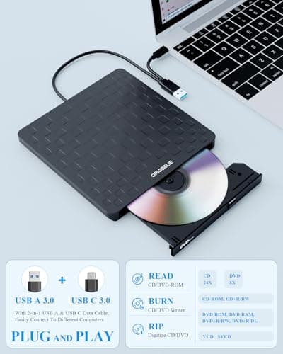 ORIGBELIE External CD DVD Drive for Laptop, USB 3.0 Type-C Ultra Slim 13mm DVD Player Portable CD DVD +/-RW Drive CD Burner Reader Writer Recorder for Desktop PC Windows 11/10/8/7 Linux Mac OS (Black) — view 2
