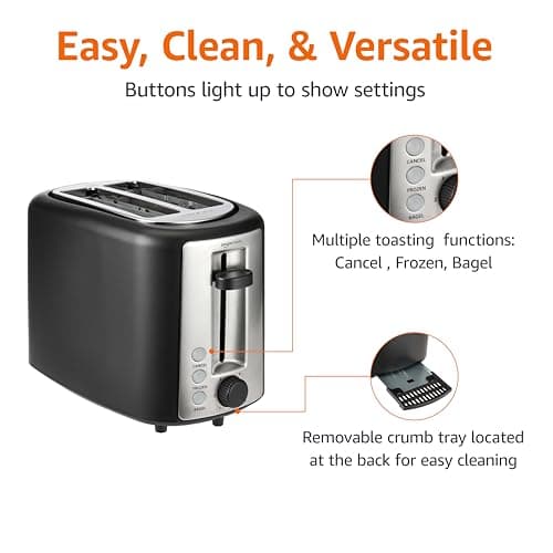 Amazon Basics 2 Slice Toaster, Extra Wide Slots for Bagels, 6 Browning Settings, Removable Crumb Tray, Defrost/Cancel/Bagel Buttons, Cord Wrap, 900W, Black & Silver — view 3