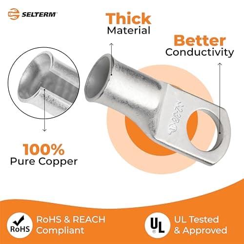 SELTERM 10pcs 2 AWG-3/8 Stud Tinned Copper Wire Lugs, Heavy Duty Battery Cable Ends,2 Gauge Ring Terminals, UL Battery Lugs Marine Grade Copper Eyelets Electrical Battery Terminal Connectors — view 2