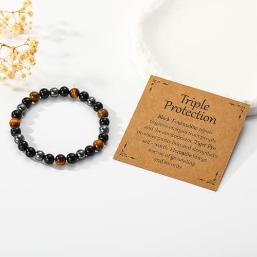 Gnamy Triple Protection Bracelet Gifts for Women, Healing Crystal Beaded Bracelets Hematite Black Tourmaline Tigers Eye Natural Worry Stones Anxiety Birthday Mothers Day Jewelry Presents for Mom Mother Her Adults Grandma — view 2