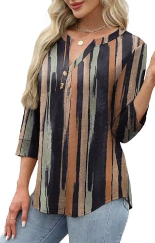 WIHOLL Womens Tops 3/4 Sleeve Shirts for Women V Neck Blouses Dressy Casual Womens Summer Clothing Trendy 2026 Vertical Stripes L — view 2
