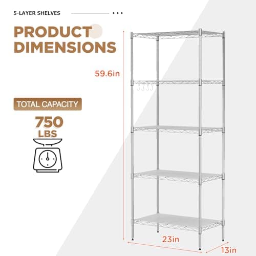 FDW 5-Tier Metal Wire Garage Storage Rack Shelf Unit for Garage/Kitchen,with Wheels,Chrome — view 2