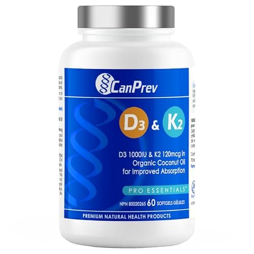 CanPrev - D3 & K2 Vitamin Supplement 60 Softgels 60-Day Supply - K2 MK7 Cholecalciferol Vitamin D3 Supplement - Organic Coconut Oil for Improved Absorption - Helps Build & Maintain Teeth & Bone Health