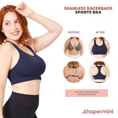 SHAPERMINT Seamless Racerback Wireless Sports Bra for Women with Removable Cups | Low Compression Womens Workout Tops | from Small to Plus Size Bras, Large, Black — view 7