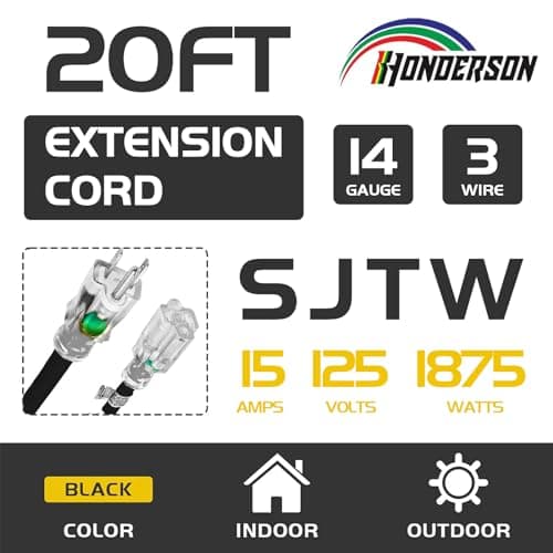 HONDERSON Indoor Outdoor Extension Cord Weatherproof with Lighted End, UL Listed, 14 Gauge 20FT Black 3 Prong Heavy Duty Extension Cord, 14/3 SJTW 15A Power Extension Cord for Outdoor Lights, Lawn